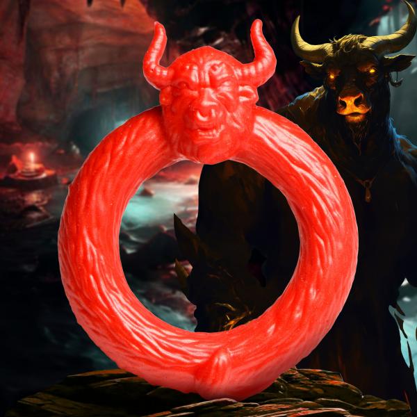 A red Beast Mode Fantasy Cock Ring from XR Brands, adorned with a horned demon face, is prominently displayed in the foreground. The background features a dark, cave-like setting illuminated with red and orange hues that amplify the intensity. Partially visible on the right side of the scene is a menacing Minotaur with glowing eyes, further enhancing the atmosphere of an intense climax.