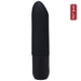 A black, cylindrical object with a slightly rounded tip, resembling a classic lipstick shape, stands vertically. The surface appears smooth and matte with no discernible markings or features; this is the Beginner Classic Black Silicone Bullet Vibrator In a Bag by Doc Johnson.