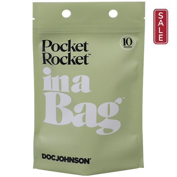 A black product packaging for the waterproof Beginner Pocket Rocket Vibe In a Bag - Black by Doc Johnson with the phrase "In a Bag" in large white letters. The package mentions "10 functions" for clitoral stimulation and has a resealable top with two holes for hanging.