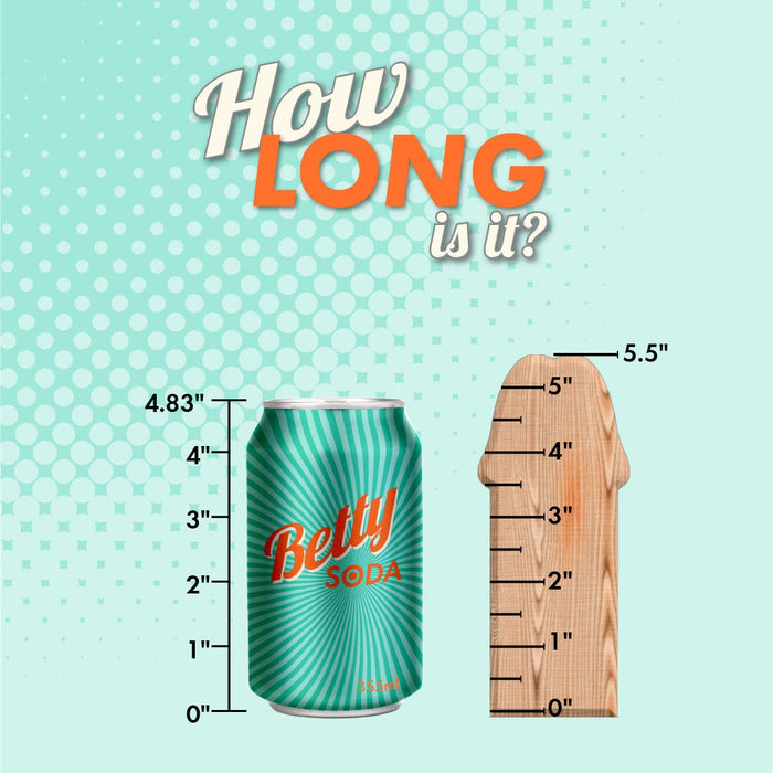 An illustrated comparison between the height of a silicone dildo labelled "Tantus Bend Over Intermediate 2 Dildos + Vibrating Strap-on Harness - Black" and a wooden ruler showcasing their respective measurements: the silicone dildo stands at approximately 4.83 inches tall while