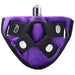 A Tantus purple and black fabric horse mask with an adjustable harness and a metallic nostril piece.