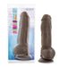 A packaged and unpackaged Blush Big Boy 10 Inch Dual Density Suction Cup Dildo in chocolate are displayed side by side. The packaging features branding text that reads "Blush" and the product name "Big Boy 10 Inch Dual Density Suction Cup Dildo - Chocolate." Colorful icons showcase features like "Soft," "Firm," "Flexible," and highlight it as a phthalate and latex-free, dual density dildo.