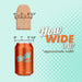 An illustration comparing widths: a wooden piece at the top measures 2.5 inches wide, while an orange soda can labeled "Betty Soda" at the bottom measures approximately 2.6 inches wide. The text poses, "How Wide is it? *approximate width" against a dotted teal background with a subtle hint of significant girth resembling the Big Daddy 14 Inch Dual Density Suction Cup Dildo from Blush in Chocolate.