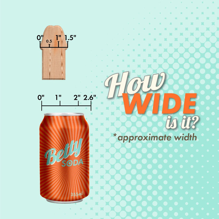 A fun and educational comparison of widths: a wooden clothespin versus a Pipedream Products Big Hero 6 Inch Smooth Silicone Suction Dildo in Teal, showcasing approximate measurements in inches.