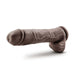 The Big John 11.5 Inch Dual Density Suction Cup Dildo - Chocolate by Blush is a realistic dark brown silicone dildo that boasts textured details like a prominent head and veins, along with a set of testicles at the base and a strong suction cup.