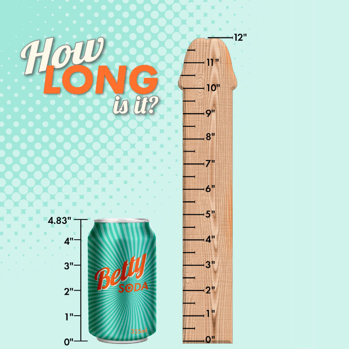 An image with a turquoise background features a can of Betty Soda and a wooden measuring stick shaped like a baseball bat. Text at the top reads "How Long is it?" The wooden stick is marked with measurements up to 12 inches, showcasing its versatility beyond just measuring your Big John 11.5 Inch Dual Density Suction Cup Dildo - Chocolate from Blush. The soda can height is 4.83 inches.