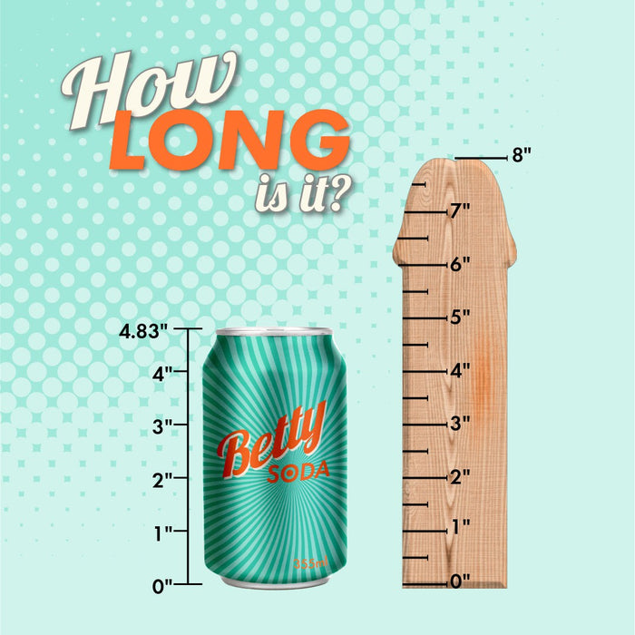 A vibrant comparison graphic asking "how long is it?" featuring a Big Shot Blaster 8 Inch Vibrating Squirting Silicone Dildo (Ejaculating Strap on)- Chocolate next to a wooden ruler, with the toy's height being approximately 4.83 inches tall and the ruler extending