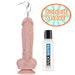 Image showcasing a dildo and a bottle of lubricant. The pink dildo, with its detailed, veiny texture, is from the Big Shot Blaster Bundle with FREE Fuck Water Lubricant - Vanilla by Betty's Toy Box. The lubricant bottle is marked as "Fuck Water Cum Lubricant." Above, there's an orange starburst graphic that reads "BUNDLE & SAVE.