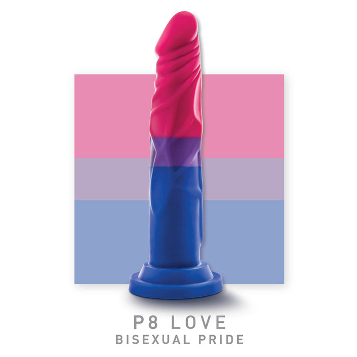 The Bisexual Pride 7.5 Inch Silicone Suction Cup Dildo by Blush features vibrant pink, purple, and blue segments representing the bisexual pride flag. The blue base includes a suction cup for hands-free enjoyment. Set against a striped background, the text reads "P8 LOVE BISEXUAL PRIDE.