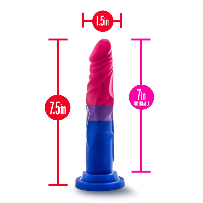 The Bisexual Pride 7.5 Inch Silicone Suction Cup Dildo by Blush is depicted in the colors red, pink, and blue, reminiscent of the bisexual flag. It features measurements of 7.5 inches in total length, with 7 of those inches being insertable, and has a diameter of 1.5 inches.