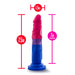 The Bisexual Pride 7.5 Inch Silicone Suction Cup Dildo by Blush is depicted in the colors red, pink, and blue, reminiscent of the bisexual flag. It features measurements of 7.5 inches in total length, with 7 of those inches being insertable, and has a diameter of 1.5 inches.