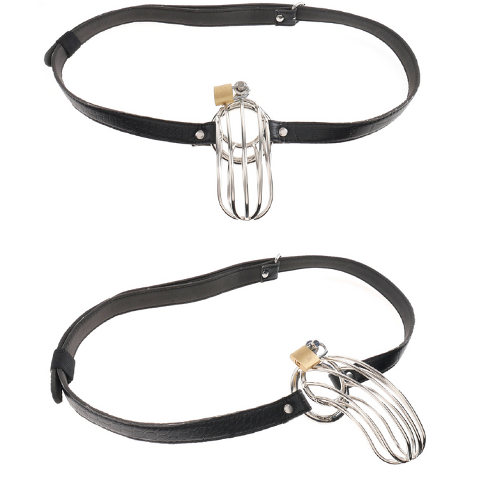 The Prisoner Extreme Locking Steel Chastity Cage by Pipedream Products is a black leather chastity belt with an alligator-style waist strap and a secure steel cock cage. The product is displayed from two different angles to emphasize its structure and design.