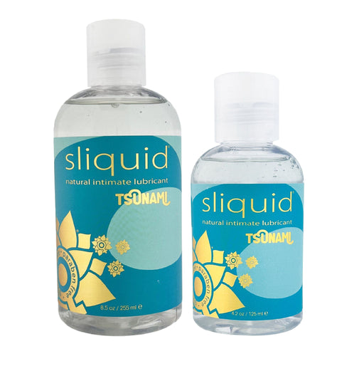 Two clear bottles of Sliquid Tsunami Ultra Thick Water Based Lubricant are displayed. The larger bottle is 8.5 oz (255 ml) and the smaller bottle is 4.2 oz (125 ml). Both bottles feature blue labels adorned with yellow floral designs and white text. This formula includes carrageenan for enhanced comfort.
