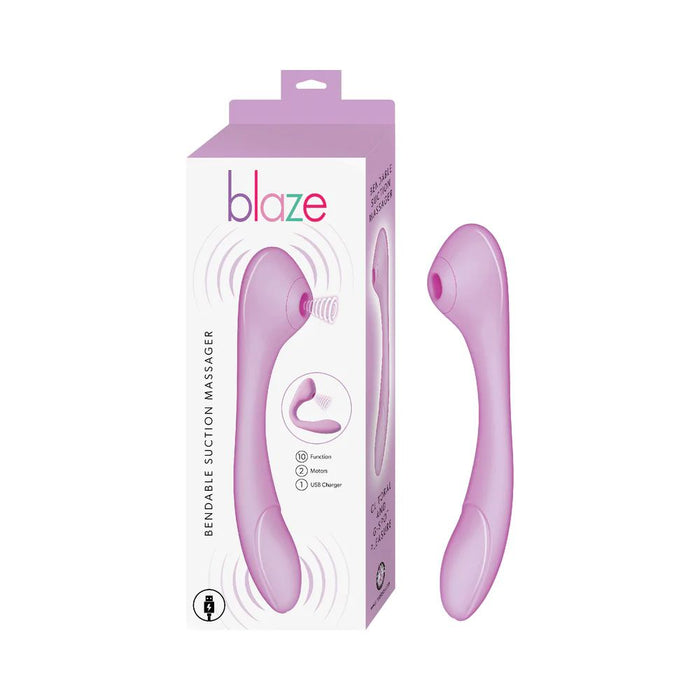 A purple Blaze Air Pulsation and G-Spot Bendable Double Ended Vibrator by Nasstoys next to its box, which showcases the product's image and features, such as air pulsation and USB charge capability. The vibrator has a curved design with a larger head on one end for targeted massage.