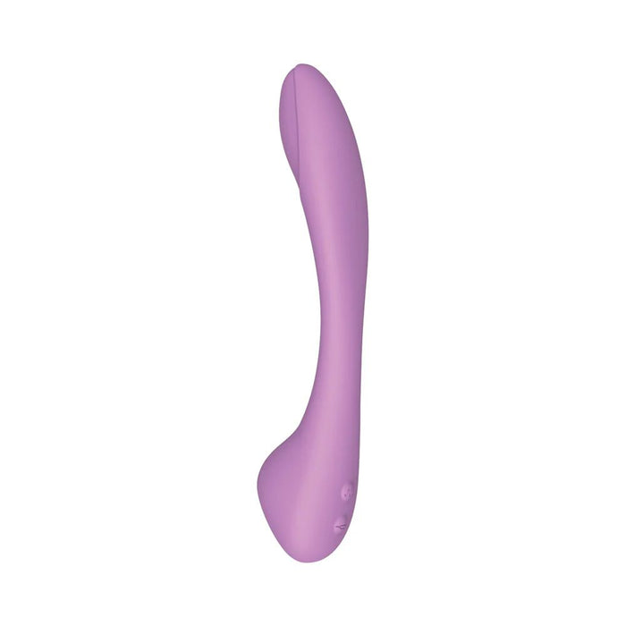 The Nasstoys Blaze Air Pulsation and G-Spot Bendable Double Ended Vibrator in purple is an ergonomically curved silicone vibrator with a smooth surface. It features a bulbous base and a slender, slightly angled tip designed specifically for G-spot stimulation. Equipped with two control buttons near the base, this couples' vibrator offers enhanced pleasure for shared experiences.