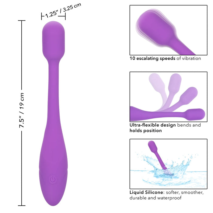 Image of the Bliss Flex O Teaser Slim First Time G Spot Vibrator by CalExotics, a purple personal massager measuring 7.5 inches (19 cm) long with a head diameter of 1.25 inches (3.25 cm). Features include 10 vibration speeds for intense G-spot pleasure, an ultra-flexible design, and liquid silicone material. The product is also waterproof.