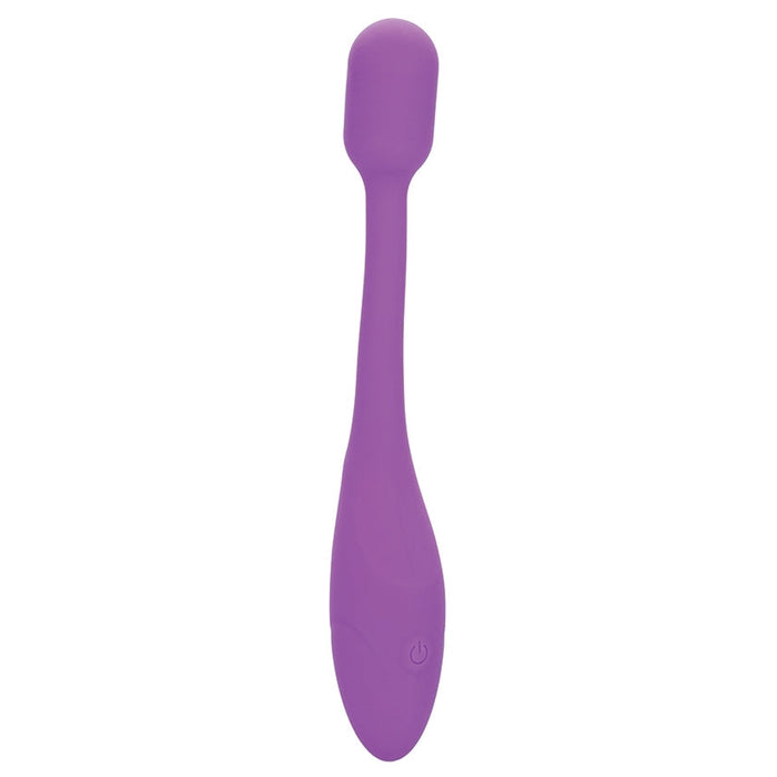 Introducing the Bliss Flex O Teaser Slim First Time G Spot Vibrator by CalExotics: a purple, elongated electronic device designed with a rounded tip at one end and a button on the larger, oval-shaped base. The smooth silicone surface and flexible design promise G-spot pleasure, while the intense vibration adds an extra layer of satisfaction.