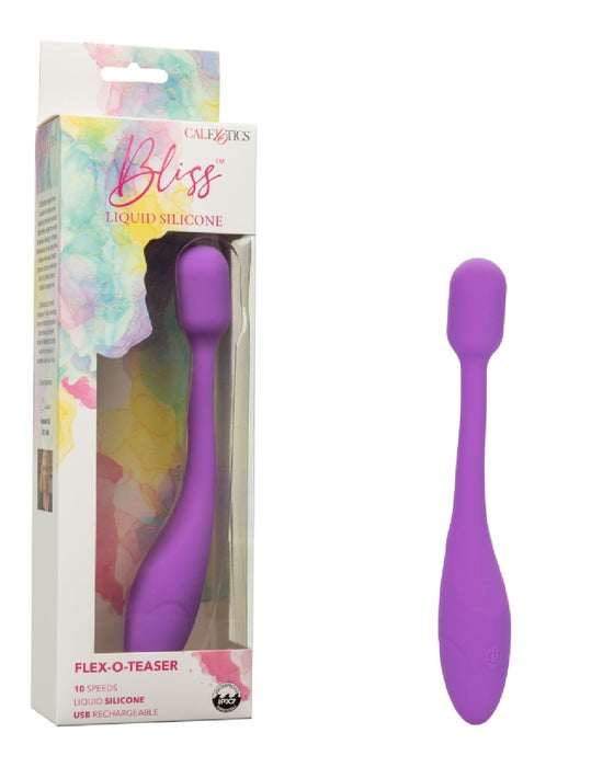 Image of a packaged and unpackaged purple silicone Bliss Flex O Teaser Slim First Time G Spot Vibrator, a 10-speed personal massager by CalExotics. The waterproof toy is displayed next to its box, which features colorful designs and product information. With its long, flexible body and rounded head, it delivers intense vibration for G-spot pleasure.