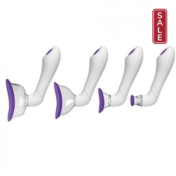 A set of four Bloom Nipple & Pussy Rechargeable Pumps from Doc Johnson, featuring interchangeable heads and varying sizes for different facial treatments, each adorned in a sleek white with purple accents, lined up in a row from largest to smallest.