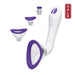 The Bloom Nipple & Pussy Rechargeable Pump - Purple by Doc Johnson is displayed, featuring a sleek white body with purple edges. This electronic device, engineered for clitoris stimulation, includes an automatic suction cup and vibrator complemented by an air release button. It also offers four interchangeable heads of varying sizes, all adorned with purple rims for added distinction.