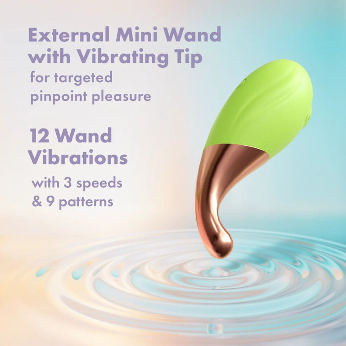 Image of a green and bronze external mini wand from Blush's Blooming Bliss First Time Bullet & Egg Vibrators, featuring a vibrating tip designed for targeted pleasure. The text on the image highlights its features: "Discreet addition for pinpoint pleasure. 12 Wand Vibrations with 3 speeds & 9 patterns. Optional wireless remote control for hands-free fun.