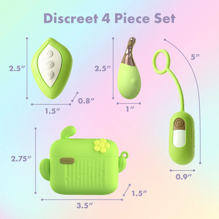 Image of the "Blooming Bliss First Time Bullet & Egg Vibrators with Charging Case & Remote" by Blush, showcasing four green personal care items on a gradient pastel background. Clockwise from top left: a wireless remote control (2.5"x1.5"), a massager (2.5"x1"), a vibrator (5"x0.9"), and a case (2.75"x1.5"). A vibrant and discreet addition to your collection.