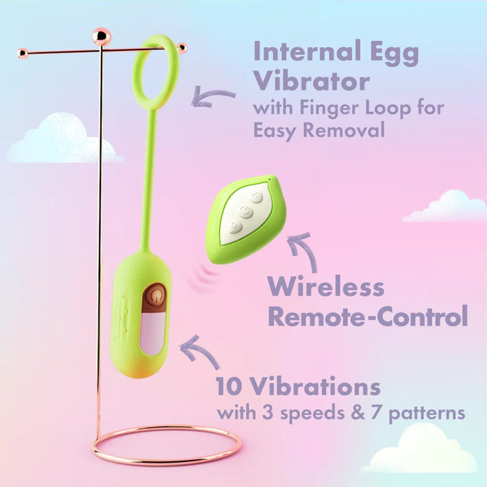 Image of the Blush Blooming Bliss First Time Bullet & Egg Vibrators in neon green, featuring a finger loop for easy removal and displayed on a stand. The separate wireless remote control with buttons is shown nearby. Text highlights "10 Vibrations with 3 speeds & 7 patterns." USB rechargeable and set against a pastel-colored background.