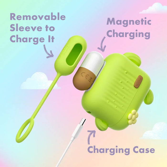 The Blooming Bliss First Time Bullet & Egg Vibrators with Charging Case & Remote by Blush is displayed in the image. The green charging case features a paw print design, and inside it, a small handheld device is inserted. Also shown is a removable sleeve for charging and a magnetic charging feature, with the subtle inclusion of the vibrating egg. A USB-C charging cable is visible at the bottom of the image against a pastel background.