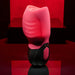 A cylindrical device, the Body Kisses Red Suction Masturbator and Vibrator by Evolved Novelties, is displayed against a red background. The textured pink top contrasts with the smooth black base, which features buttons, including one with a lipstick icon. The lighting accentuates its sleek design and highlights its 7 speeds for varied experiences.