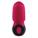 A close-up of the Evolved Novelties Body Kisses Red Suction Masturbator and Vibrator. The top portion is pink with a textured surface and a silicone sucking opening, while the bottom is black with a visible pink button featuring an icon of lips and offering 7-speed vibration settings.