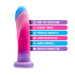 An image of the Borealis Dreams 7.75 Inch Girthy Silicone Dildo - Cotton Candy by Blush, showcasing its vibrant gradient pattern in pink, blue, and purple. It features Purio soft liquid silicone, an Ultrasilk smooth finish, is individually handcrafted with a strong suction cup base for versatile use, offers G-spot stimulation design, and is body safe & phthalate free.