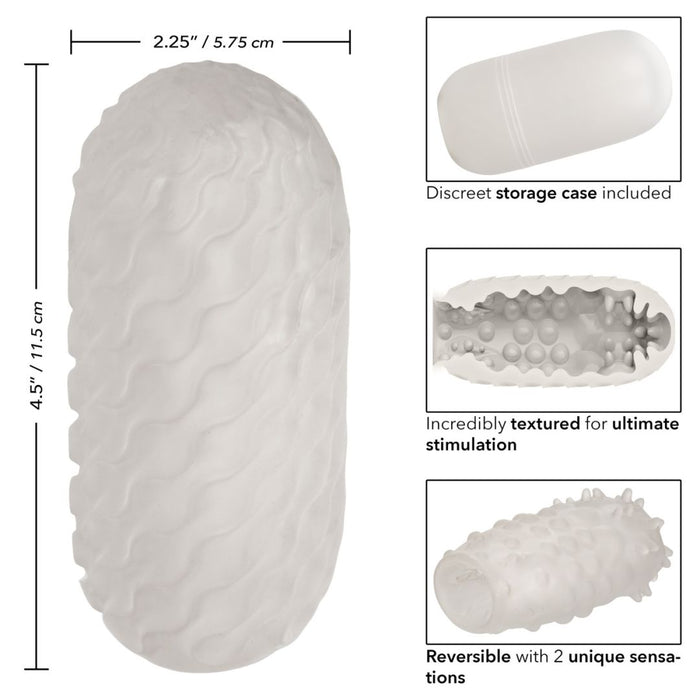 A diagram showcasing the Boundless Discreet Reversible Nubby Stroker (2 Sensations in 1) made of TPR Thermoplastic Elastomer, including dimensions, a discreet storage case, and highlighting its dual-textured design for varied sensations by CalExotics.