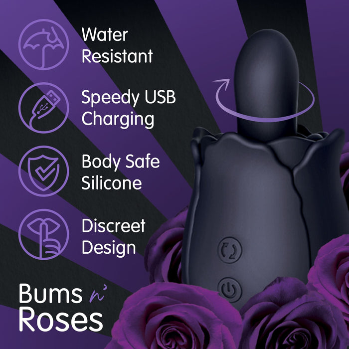 A stylish black silicone rimming toy, named the Bums and Roses Powerful Rimming Tongue Vibrator, is elegantly framed by purple roses. The text emphasizes its key features: Water Resistant, Speedy USB Charging, Body Safe Silicone, and a Discreet Design. The backdrop features sophisticated purple and black hues with the brand name "Creative Conceptions" prominently displayed.