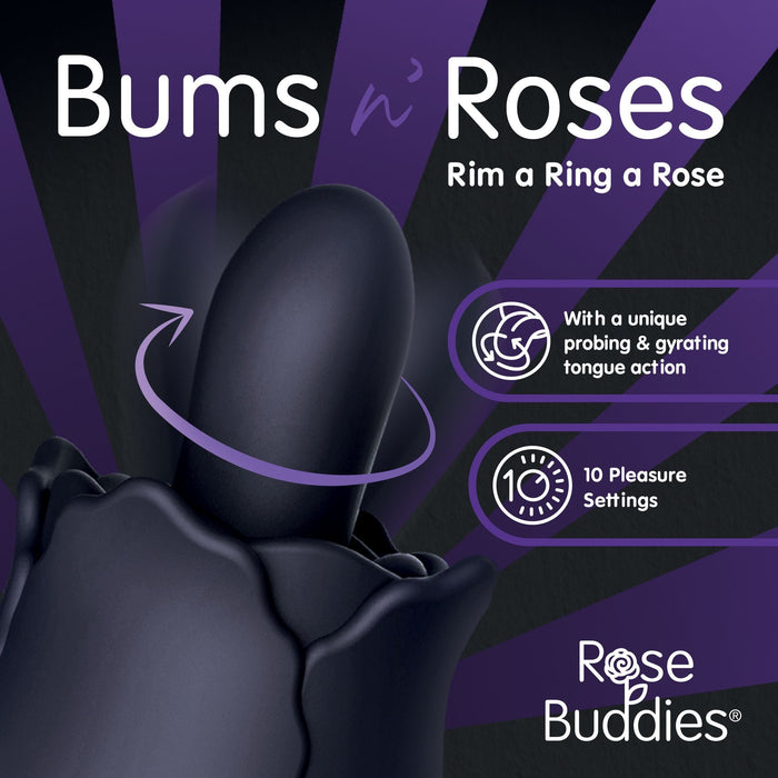 Promotional image for a product named "Bums and Roses Powerful Rimming Tongue Vibrator - Black" by Creative Conceptions. The image shows a lavender and dark background with product illustrations and text, highlighting features such as a unique tongue action, 10 pleasure settings, and body-safe silicone.