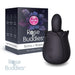 A black Creative Conceptions Bums and Roses Powerful Rimming Tongue Vibrator is displayed next to its packaging. The box features a floral design with text highlighting features such as multiple vibration settings, water resistance, and soft-touch silicone. The product itself resembles a rose.