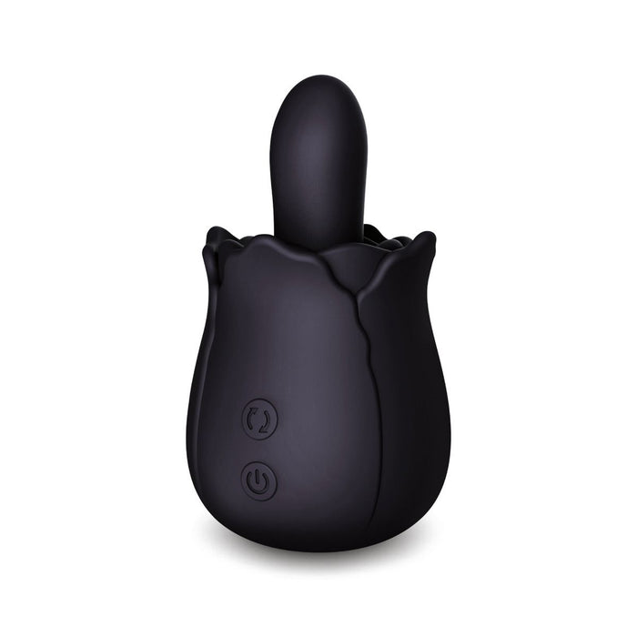 The Bums and Roses Powerful Rimming Tongue Vibrator in black by Creative Conceptions is designed with a petal motif at the base and a smooth, rounded tip. Made from body-safe silicone, it includes two control buttons near the bottom for adjusting settings and power.