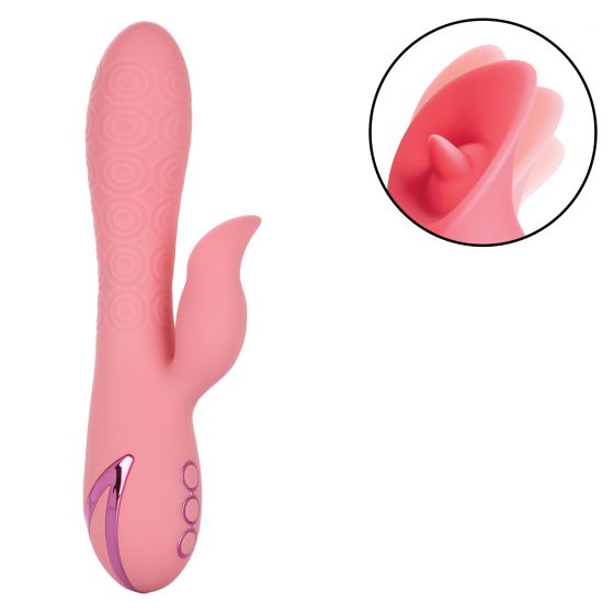 The California Dreaming Pasadena Player G-Spot Rabbit Vibrator by CalExotics is a pink, silicone vibe that showcases a smooth, elongated base adorned with circular texture patterns. It features a curved extension designed for dual stimulation, effectively targeting both the g-spot and clitoris, and includes a metallic accent near the buttons on its handle. The inset provides a close-up of the flexible, textured clitoral stimulator.