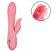 The California Dreaming Pasadena Player G-Spot Rabbit Vibrator by CalExotics is a pink, silicone vibe that showcases a smooth, elongated base adorned with circular texture patterns. It features a curved extension designed for dual stimulation, effectively targeting both the g-spot and clitoris, and includes a metallic accent near the buttons on its handle. The inset provides a close-up of the flexible, textured clitoral stimulator.