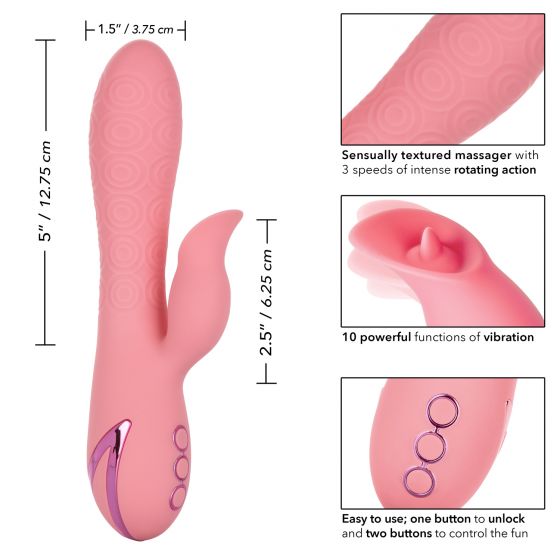 The California Dreaming Pasadena Player G-Spot Rabbit Vibrator by CalExotics is a pink rabbit vibe featuring a clitoral arm, 10 vibration patterns, and 3 rotating speeds in a dual-stimulation design. It has an insertable length of 5 inches (12.75 cm) and a diameter of 1.5 inches (3.75 cm). The vibrator also includes buttons to control its functions, with close-up images showing its textured surface and button layout.