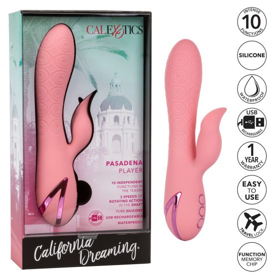 The image shows the pink California Dreaming Pasadena Player G-Spot Rabbit Vibrator from CalExotics. It features both a clitoral arm and a g-spot arm, with packaging that highlights its 10 functions, waterproof design, USB recharging capability, and a 1-year warranty. The product is displayed next to its box.