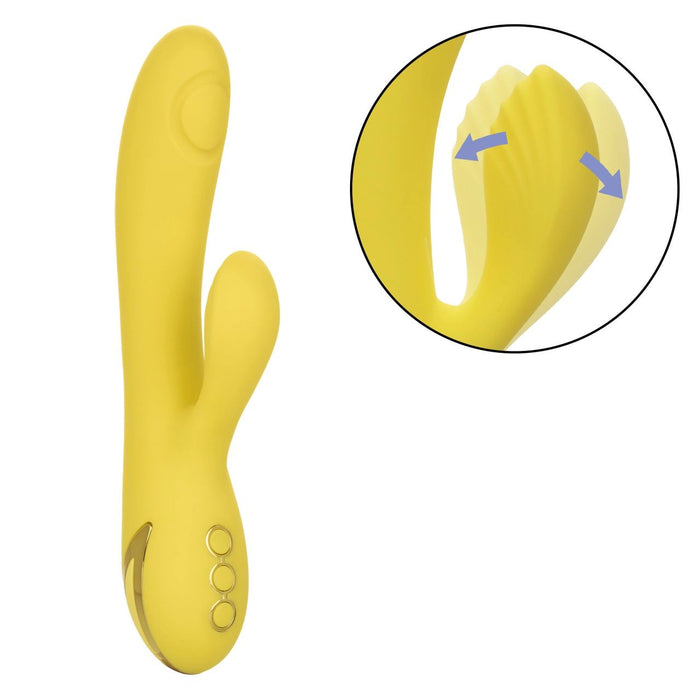 The California Dreaming San Diego Seduction G-Spot Thumping Rabbit Vibrator by CalExotics is designed in yellow and offers dual stimulation with a curved shaft for optimal g-spot targeting and a flexible clitoral stimulator. It features three control buttons at the base, with an inset image showcasing the blue arrows indicating the flexible movement of the clitoral stimulator.