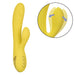 The California Dreaming San Diego Seduction G-Spot Thumping Rabbit Vibrator by CalExotics is designed in yellow and offers dual stimulation with a curved shaft for optimal g-spot targeting and a flexible clitoral stimulator. It features three control buttons at the base, with an inset image showcasing the blue arrows indicating the flexible movement of the clitoral stimulator.