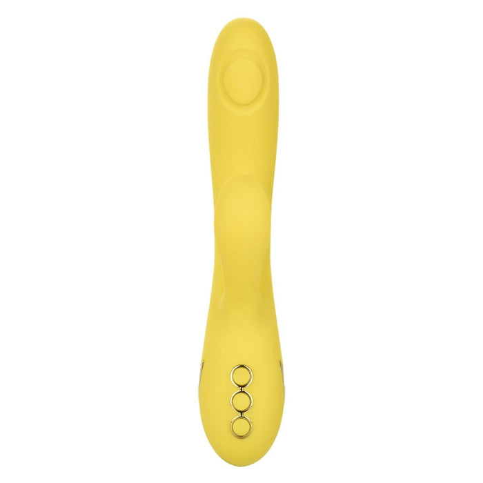 Introducing the California Dreaming San Diego Seduction G-Spot Thumping Rabbit Vibrator by CalExotics: a sleek, modern yellow vibrator featuring smooth contours and a curved shape designed for ultimate G-spot stimulation. With three small metallic buttons near the base, this ergonomic and streamlined design provides an exceptional experience.