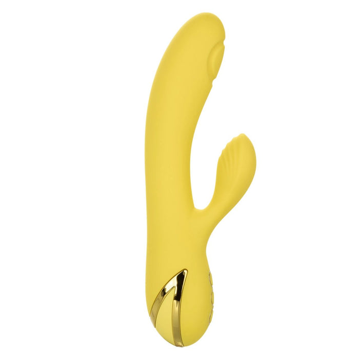 The California Dreaming San Diego Seduction G-Spot Thumping Rabbit Vibrator by CalExotics is a vibrant yellow dual-stimulation vibrator with a sleek, curved design. It includes a smaller external stimulator resembling a flower petal for clitoral stimulation, complemented by a handle accent with gold-tone detailing. The smooth and ergonomic surface makes it perfect for g-spot stimulation.