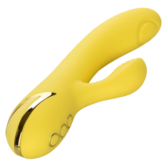 The California Dreaming San Diego Seduction G-Spot Thumping Rabbit Vibrator by CalExotics is a sleek, yellow personal massager with gold accents and multiple control buttons. This thoughtfully curved vibrator includes a protruding component for additional targeted stimulation, making it perfect for clitoral or G-spot pleasure.