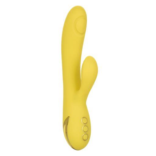 The California Dreaming San Diego Seduction G-Spot Thumping Rabbit Vibrator by CalExotics is a yellow, ergonomically designed vibrator with a smooth surface. It features a curved shaft for optimal G-spot stimulation, a smaller external stimulator for clitoral stimulation, and three control buttons on the handle.