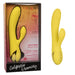 A yellow triple-motor rabbit vibrator named "California Dreaming San Diego Seduction G-Spot Thumping Rabbit Vibrator" by CalExotics is shown, both inside its packaging and next to it. The packaging highlights 10 functions of G-spot stimulation and USB rechargeability.