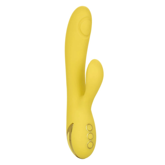 The CalExotics California Dreaming San Diego Seduction G-Spot Thumping Rabbit Vibrator in a vibrant yellow boasts a dual-stimulation design with a curved, flexible shape and two inserts. Its sleek body includes three control buttons at the base and is accented with a small gold detail. Perfectly crafted for personal pleasure, it delivers enhanced g-spot and clitoral stimulation.