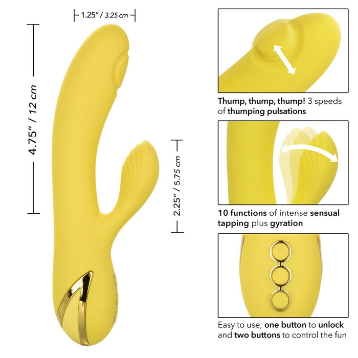 The image showcases the California Dreaming San Diego Seduction G-Spot Thumping Rabbit Vibrator by CalExotics, which is yellow and ergonomically designed with three control buttons. It includes two measurement labels: one for 4.75 inches (12 cm) and another for 2.25 inches (5.75 cm). Insets detail its features: thumping pulsations, dual sensations for clitoral and g-spot stimulation, and easy control.