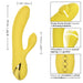 The image showcases the California Dreaming San Diego Seduction G-Spot Thumping Rabbit Vibrator by CalExotics, which is yellow and ergonomically designed with three control buttons. It includes two measurement labels: one for 4.75 inches (12 cm) and another for 2.25 inches (5.75 cm). Insets detail its features: thumping pulsations, dual sensations for clitoral and g-spot stimulation, and easy control.